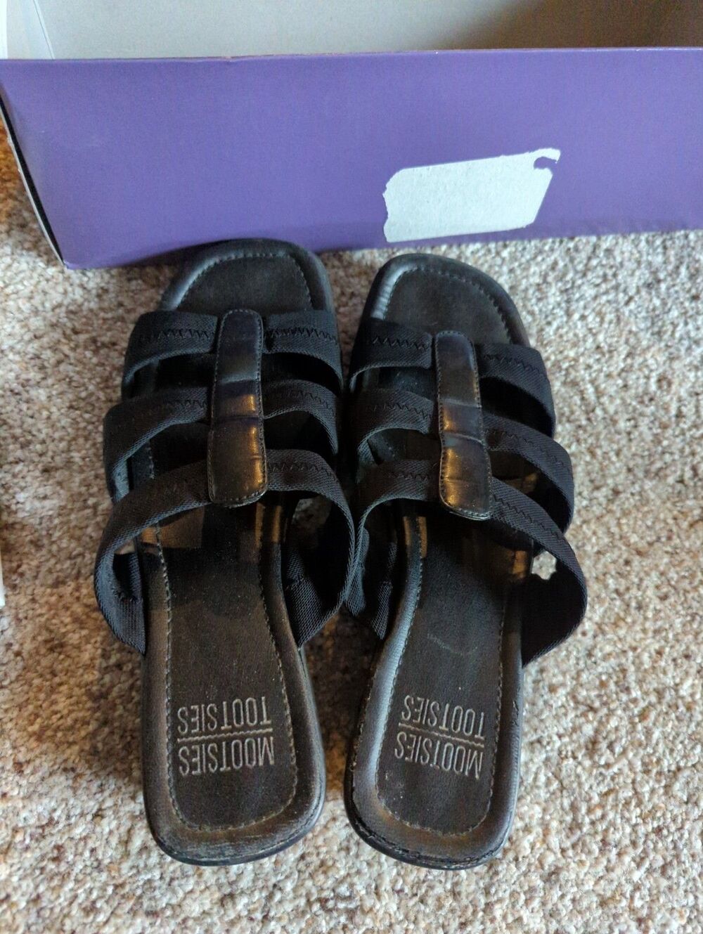Mootsies Tootsies Portrait K Black Small Heel Open Toe Slide Sandals US 9.5 &Box